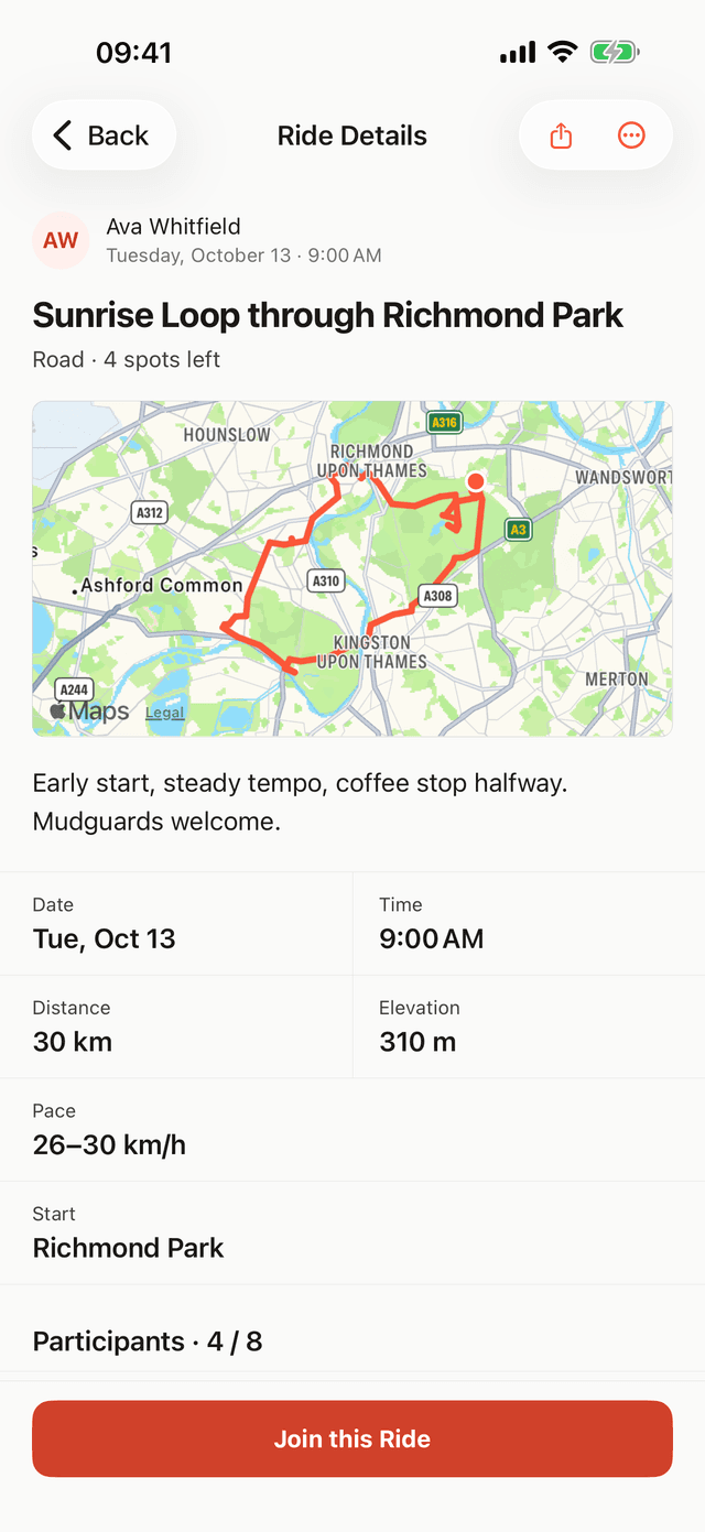 Draft app — ride details with the route map
