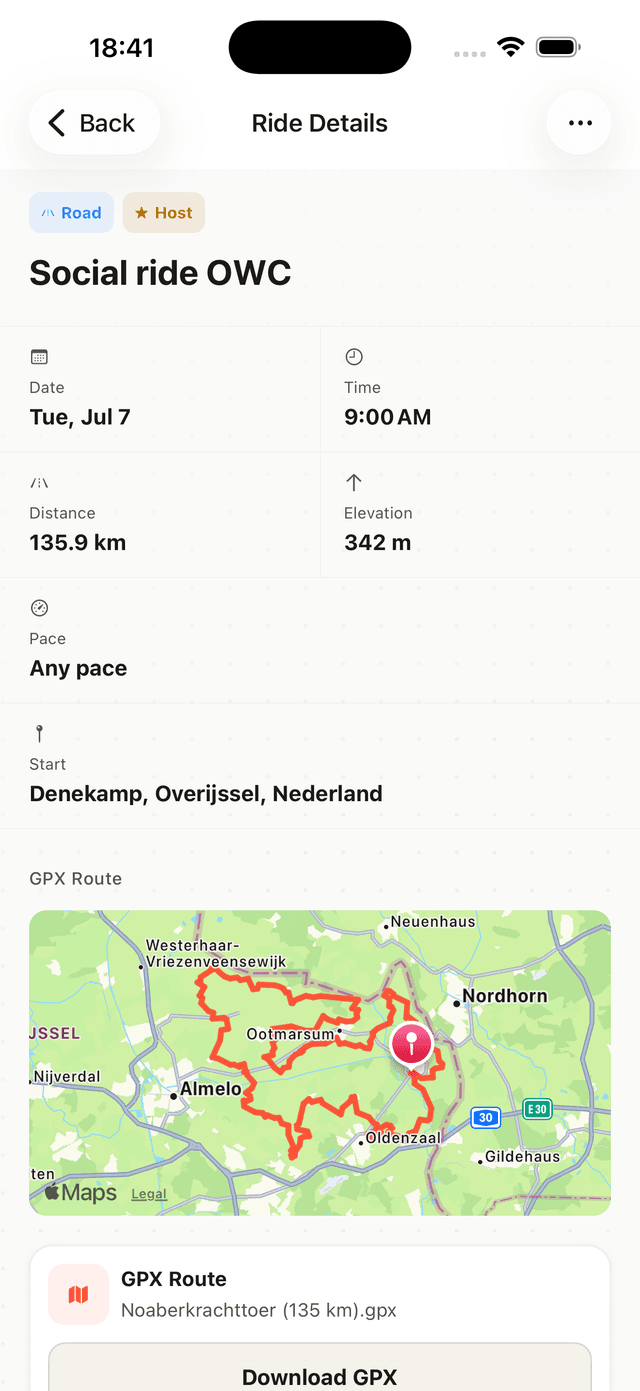 Draft app — ride details with GPX route map