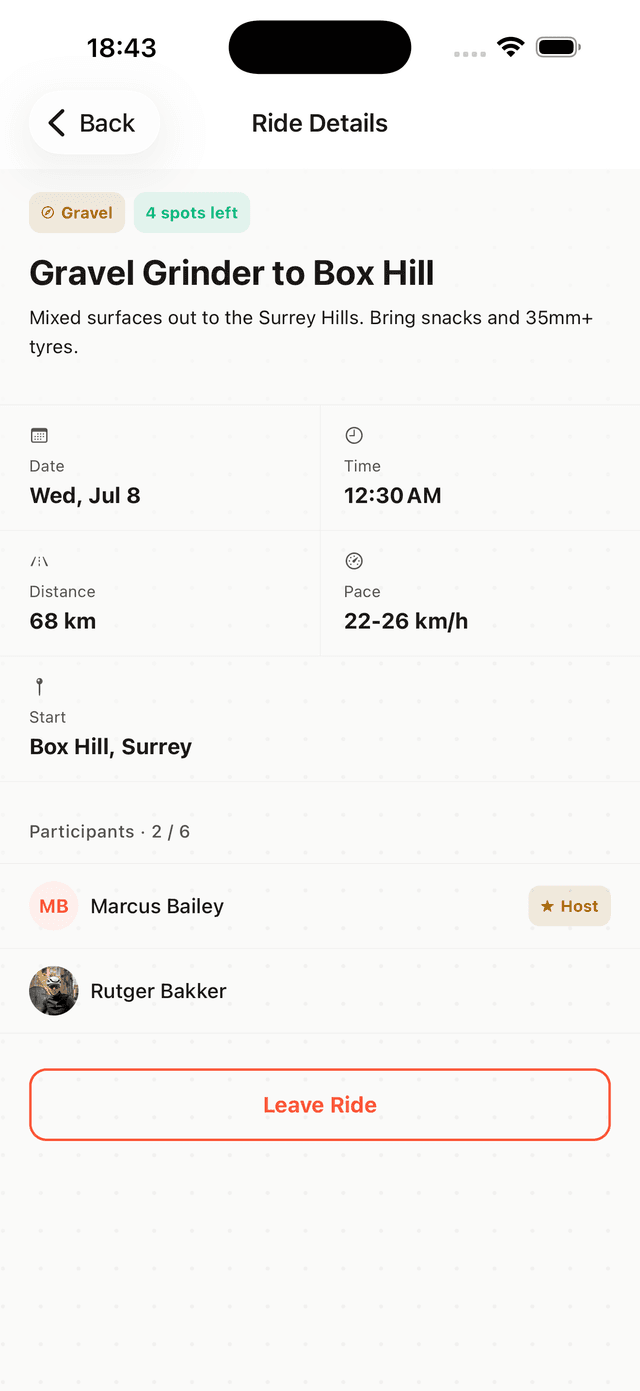 Draft app — ride details with participants